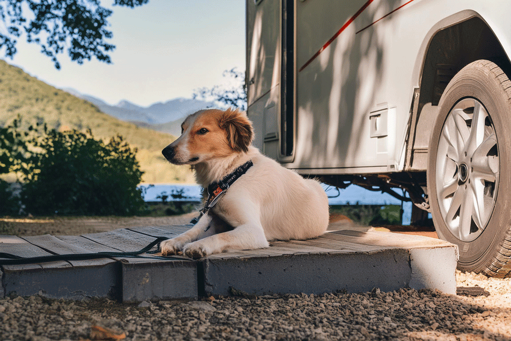 Fellnase liegt angeleint und zufrieden vorm Wohnmobil. Foto: ©AdobeFirefly Fellnase liegt angeleint und zufrieden vorm Wohnmobil. Foto: ©AdobeFirefly